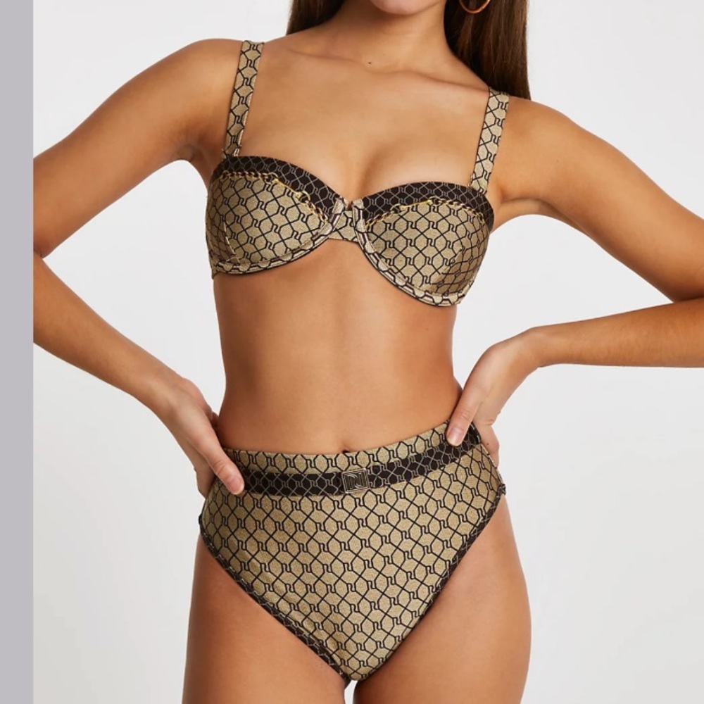 River Island brown light RI monogram bikini top US6